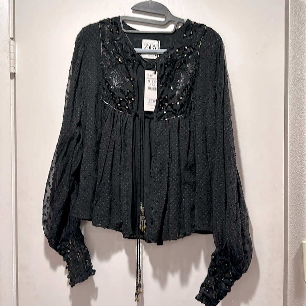 Zara black beaded tie blouse